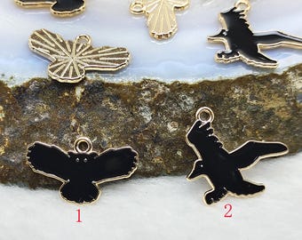 Black Enamel Crow Charm Pendants, Metal Alloy Earring Findings
