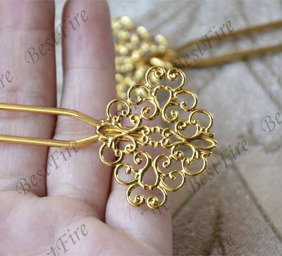 Gold Tone Filigree Flower Hair Stick, Wire Wrapped Hair Pin  display picture 2