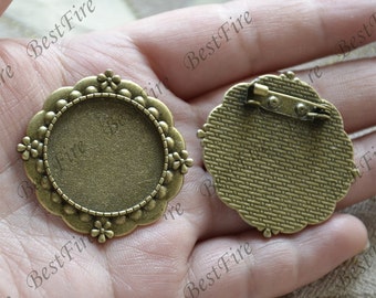 Bronze Tone filigree Luster round (base 25mm ) leaf Flower Brooches ,flower Brooch Brooch Back Base, Bezel Setting Match