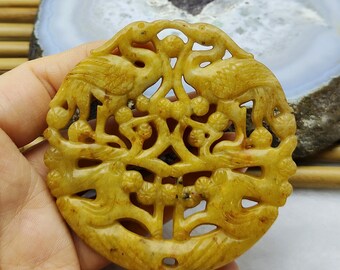Yellow Double Face Carved Plum Blossom Jade Pendant, Birds Amulet Talisman