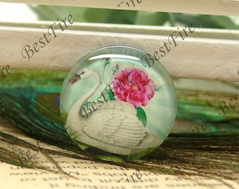 Swan and Flower Round Glass Cabochons, Jewelry Making