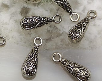 Silver Filigree Teardrop Charm, Tribal Dangle Bead (5x15 mm)