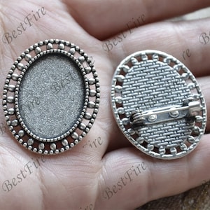 Silver tone filigree Luster oval  (base 18x25mm ) Flower Brooches ,flower Brooch Brooch Back Base, Bezel Setting Match