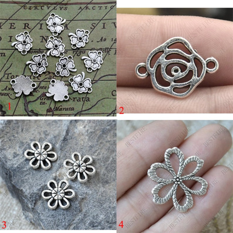 Antique Silver Plated Jewelry Making Charms Heart Round Connector Flower Rose Antique Silver Plated Jewelry Making Charms Heart Round Connector Flower Rose