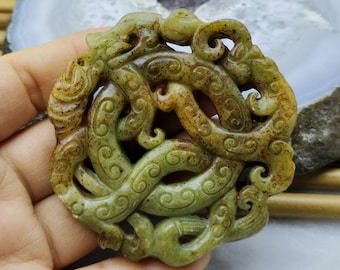 Hollow Double Face Carved Dragon phoenix jade pendant