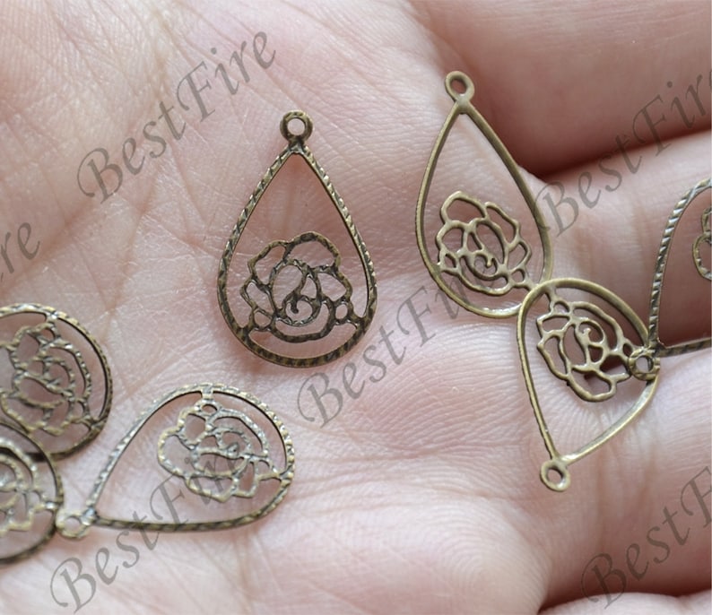Antique Brass Drop Rose Flower Filigree Jewelry Connectors Etsy
