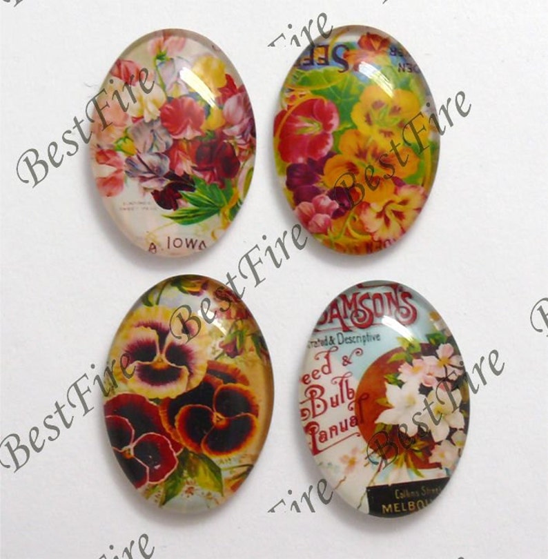 4pcs of the 18x25mm Oval Glass Cabochons Mix Flower, jewelry Cabochons finding beads,Glass Cabochons, Flower01 image 1