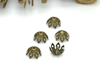 10 mm Bronze Tone flower beads cap,Jewelry Connectors Setting,Cab Base,Connector Finding,Flower Findings