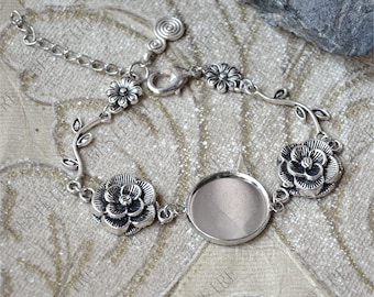 New style Silver Tone flower Adjustable bracelet tray,round beze findings,flower infinity bangle bezel findings
