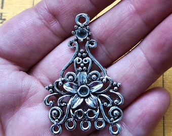 10 Silver Tone Flower Connector Charms, Earring Dangle Pendants (42.5 x 28 MM)