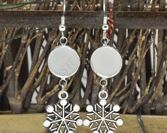 2 pairs New style snowflake Silver Tone Earwires Hook With Round Cabochon Pad,earring bezel,Earrings hook, earring finding