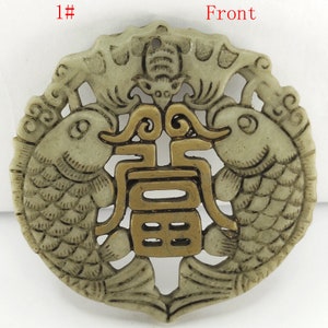 Hollow Carving bat fu word &quot;福&quot; good lucky Jade stone pendant,double face carved Two fish Amulet Mythical Animals for making