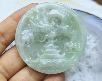 Natural A Icy Light Green Jadeite Round pendant With Dragon Carved,Amulet Pendant