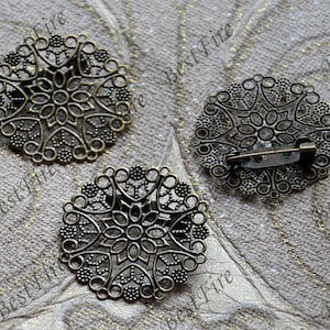 Bronze tone brass Filigree Brooch Base,Round Filigree Floral Base Brooch Setting