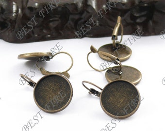 20pcs Bronze Tone Brass French Earwires Hook With Round (Inside Diameter 16mm Pad)