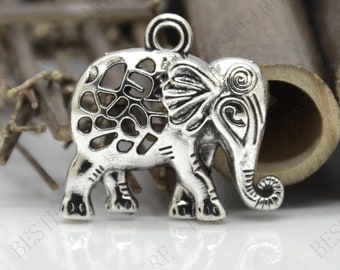 Silver Tone Elephant Charm Connector, Pendant Bead (27x28mm)