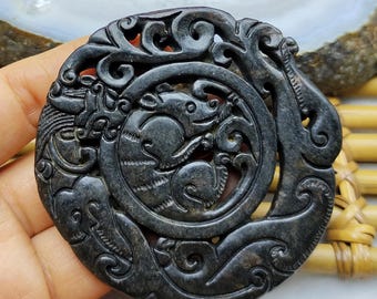 Double Face Carving Black Jade Dragon Rat Pendant