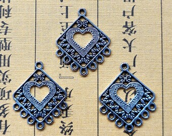 Silver Tone Heart Connector Charms, Earring Pendants (25x30.5 MM)