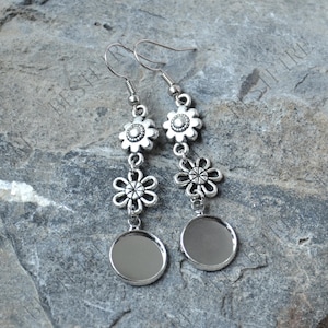 3 pairs new style Flower Silver Tone Earwires Hook With Round Cabochon Pad, earring bezel,Earrings hook,earring finding