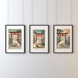 Japanese Fox Shrine Print – Kitsune Wall Art in Traditional Ukiyo-e Style – Red Torii Gate and Sakura Blossoms.