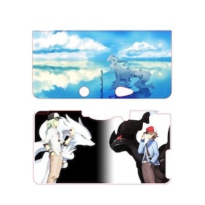 May include: A two-part phone case featuring Pokémon characters and landscapes. The top section displays a serene ocean scene with a white Pokémon. The bottom section shows two Pokémon with trainers, one white and one black, set against a black and white background.