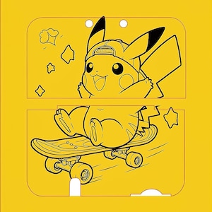 May include: Yellow case featuring a black and white illustration of Pikachu wearing a hat and riding a skateboard. The design includes star and cloud outlines. The case has a rectangular shape with rounded corners and two small holes at the top.
