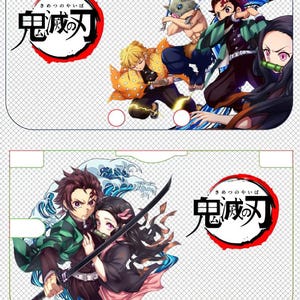 May include: Two-piece card holder featuring anime characters. The top section shows four characters in action poses, while the bottom section features two characters with a sword. Both sections include Japanese text and a red and white emblem.