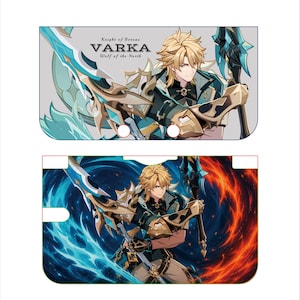May include: A rectangular console skin featuring a blonde character in armor holding a spear. The top panel includes the text Knight of Boreas VARKA Wolf of the North. The bottom panel displays the same character against a swirling blue and red background.