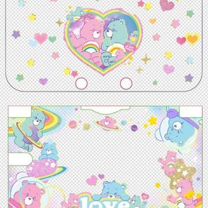 May include: A vibrant Care Bears design with pink and blue bears in a heart, surrounded by stars and hearts. The design includes the word "love" and other Care Bears characters. The overall theme is cute and whimsical.