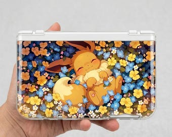 Custom Eevee Anime Clear Case for Nintendo 3DS XL / LL | Protective Hard Shell Gaming Cover Featuring Cute Sleeping Flower Field Design