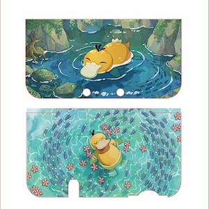 May include: A two-piece adhesive skin set for a handheld gaming console featuring a yellow duck-like creature. The top piece shows the creature swimming in a rocky pond. The bottom piece depicts the creature floating among small fish and pink flowers.