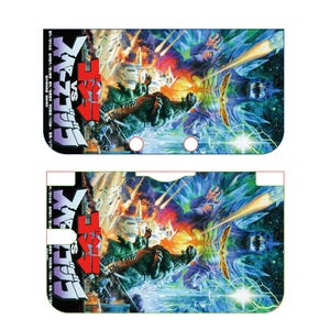 May include: Two adhesive skins for a handheld gaming console featuring a vibrant, multi-colored illustration of Godzilla battling SpaceGodzilla. The artwork includes explosive orange, blue, and green energy effects, with Japanese text on the left side.