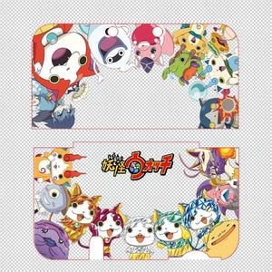 Könnte beinhalten: Zwei rechteckige Designs mit bunten Cartoon-Charakteren. Das obere Design hat einen roten Rand und Charaktere in Blau, Grün, Rosa und Gelb. Das untere Design hat einen roten Rand, japanischen Text und Cartoon-Katzenfiguren.
