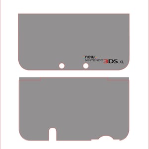 May include: Gray protective skin for a New Nintendo 3DS XL. The skin is a solid gray color with a red outline and includes the text "new Nintendo 3DS XL". The skin has cutouts for the buttons and ports.