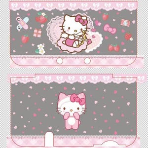Puede incluir: Una funda rosa y gris con diseños de Hello Kitty. La sección superior tiene a Hello Kitty como Cupido, fresas y lazos. La sección inferior muestra un Hello Kitty pixelado. La funda tiene un diseño de encaje y lazos rosas.