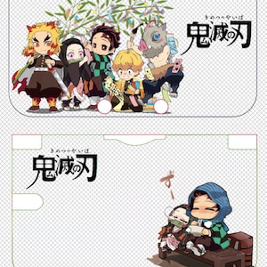 May include: Two rectangular cards featuring anime characters. The top card shows six chibi-style characters with the Japanese text "Demon Slayer". The bottom card has a character with a blue hood and a character with pink clothing, with the Japanese text "Demon Slayer".