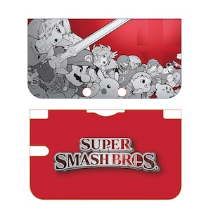 Könnte beinhalten: Eine rot-weiße Super Smash Bros. Hülle. Der obere Teil zeigt eine Graustufen-Illustration verschiedener Charaktere, darunter Mario und Pikachu. Der untere Abschnitt zeigt das Logo des Spiels in silbernen Buchstaben.