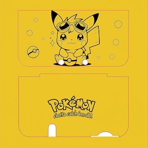 Könnte beinhalten: Gelbe Grafik mit einem schwarz-weißen Pikachu, das eine Sonnenbrille trägt und einen Pokéball hält. Der Text "Pokémon Gotta catch 'em all!" befindet sich unter dem Pikachu-Bild. Das Design hat einen gelben Hintergrund.