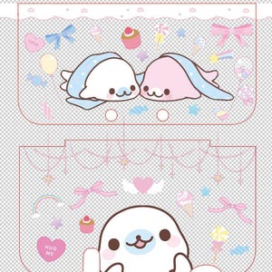 Puede incluir: Un diseño caprichoso con dos focas de dibujos animados con detalles azules y rosas, rodeadas de corazones, lazos y dulces. El diseño incluye los textos "LOVE" y "HUG ME" en elementos con forma de corazón, con una paleta de colores pastel.