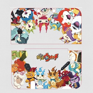 Könnte beinhalten: Ein farbenfrohes Grafikdesign mit verschiedenen Zeichentrickfiguren aus der Yo-kai Watch-Serie. Das Design umfasst eine Vielzahl von Kreaturen in leuchtenden Farben, wobei das Yo-kai Watch-Logo prominent dargestellt wird. Das Gesamtthema ist spielerisch und animiert.