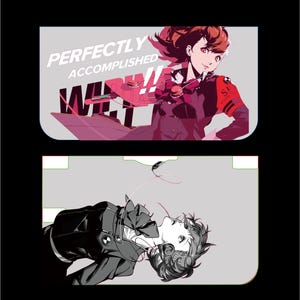 May include: A two-part graphic illustration featuring a character with brown hair. The top panel shows the character in a dark uniform with the text PERFECTLY ACCOMPLISHED. The bottom panel shows the character in a black jacket with headphones.
