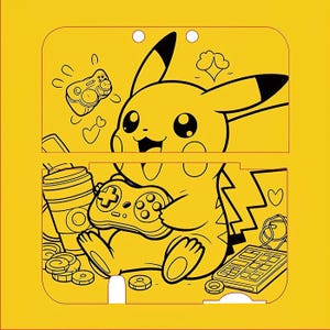 Puede incluir: Diseño gráfico amarillo y negro con Pikachu, un popular personaje de dibujos animados, sosteniendo un mando de videojuegos. El diseño incluye una taza de café, monedas y una consola de juegos. El fondo es amarillo liso.