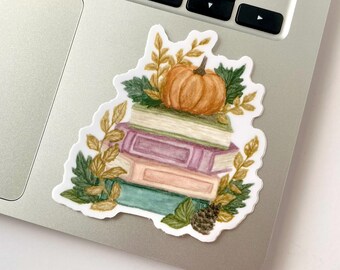 Fall sticker for book lover | earthy watercolor autumn pumpkin | waterproof vinyl