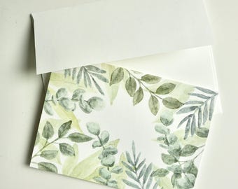 Watercolor sage green leaves greeting card | botanical nature greenery notecard | easter spring blank cards
