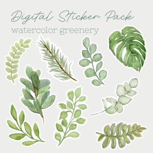 Digital Sticker Pack - Watercolor Greenery Leaf Stickers Downloadable Files - 9 PNG Sticker Files For Printing, Scrapbook or Digital Planner