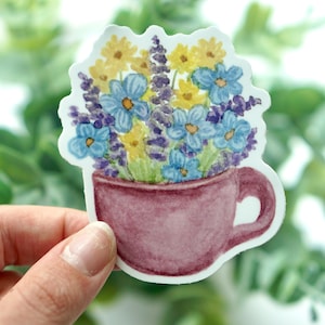Vinilo troquelado para taza con diseño de flores de acuarela, mate, 3 pulgadas, resistente al agua, para botellas de agua, agendas, cuadernos, fundas de teléfono, portátiles y decoración.