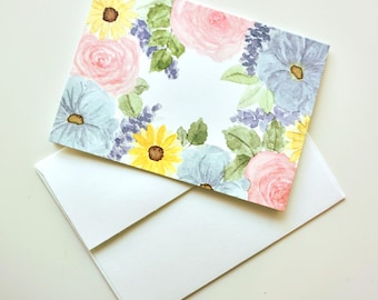Watercolor flowers greeting card blank inside | multicolor pastel botanical notecard | spring floral easter gift