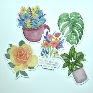 Paquete de pegatinas de vinilo troqueladas: juego de 5 pegatinas florales de acuarela, temática de plantas de jardín, mate, 3 pulgadas, impermeables.