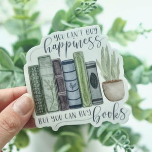 Gestanste vinylsticker - aquarelboeken, plantbelettering: je kunt geen geluk kopen, maar je kunt wel boeken kopen - mat 3 in waterdicht blauwgroen