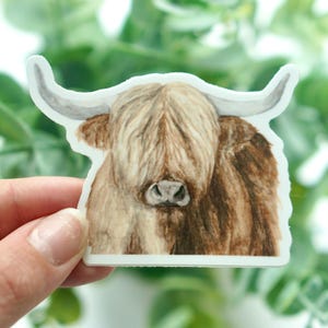 Vinilo troquelado - Vaca de las Tierras Altas en acuarela - Mate 3" Impermeable - Para botella de agua, agenda, cuaderno, funda de teléfono, portátil, decoración
